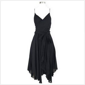 Mondi Gala Vintage Black Wrap Full Skirt Uneven Asymmetric Hem Tie Belt Dress